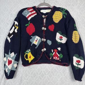 Vtg 90s Eagles Eye Cardigan Sweater Womens L Hand Knit Flag Cow Farm Grandmacore